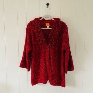 Ruby Rd. Vibrant Red Fringed Cardigan